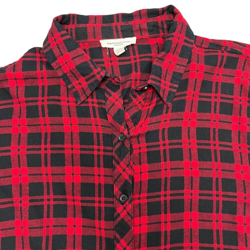Beach Lunch Lounge SIZE L Red Black Plaid Ruffle Sleeve Button Shirt Top - Picture 2 of 8